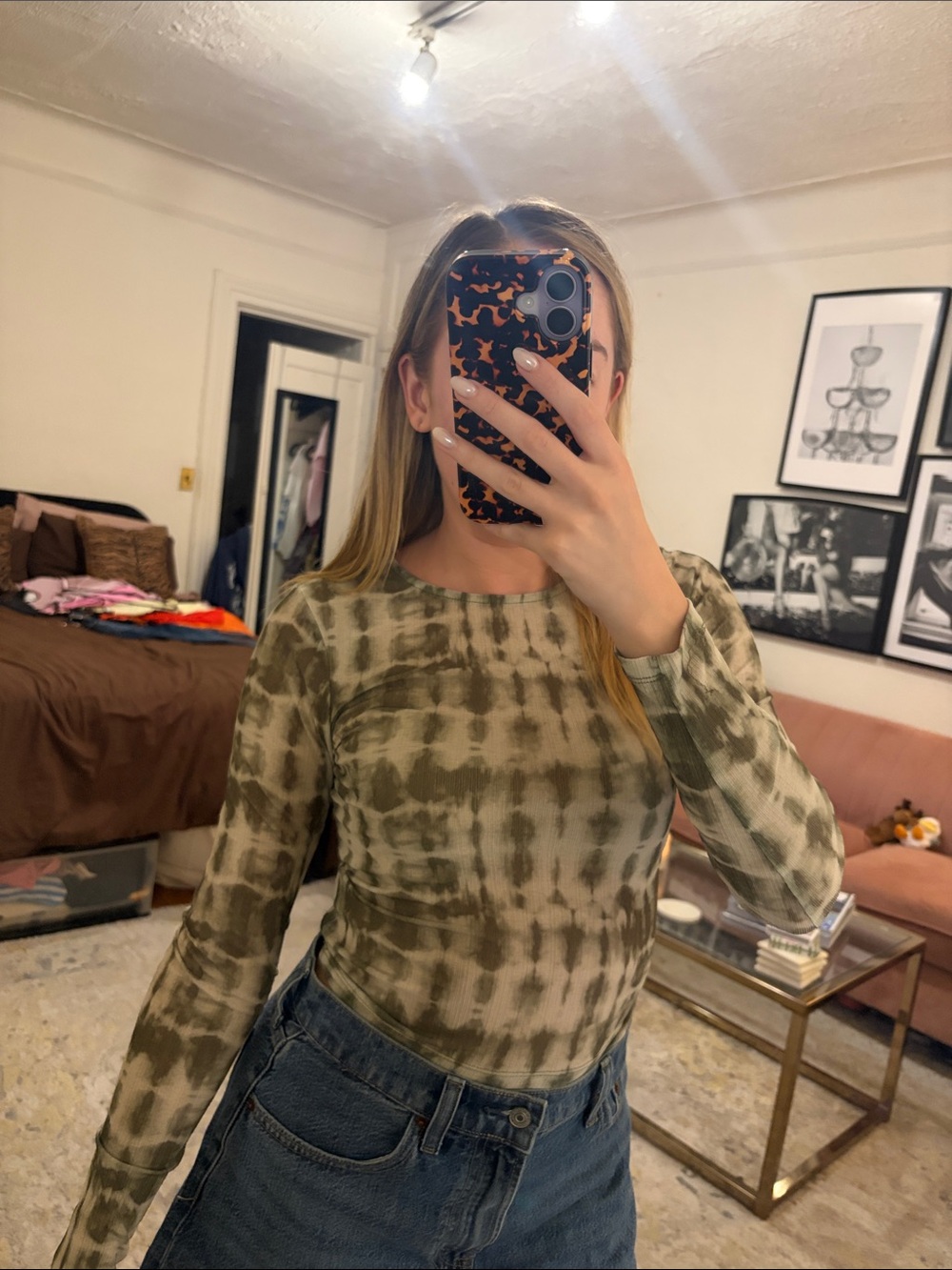 New Look Olive Green Tie-Dye Long Sleeve Top